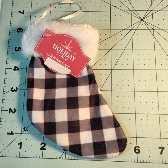 Holiday Time Black White Checkered Faux Fur Mini Christmas Stocking Ornament - Picture 3 of 3